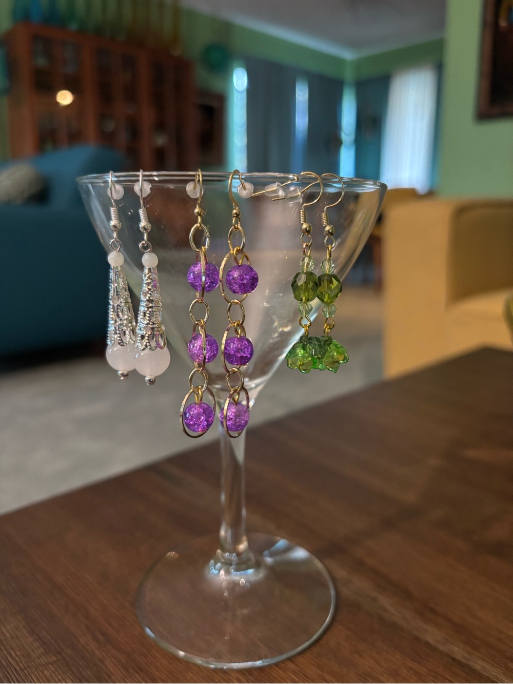 Handmade Purple and Green Beaded Dangle Earrings - Women Jewelry